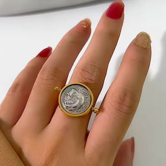 Gold Greek Roman Signet Ring Matching Necklace Set Double Sided Disc God… - Picture 6 of 14